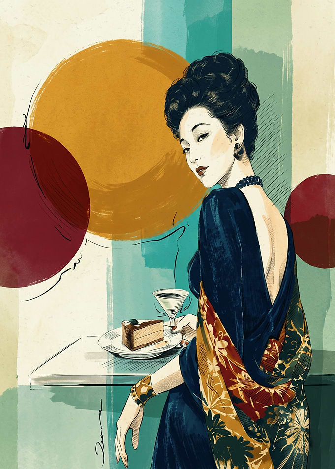 Vintage Woman Cocktail Retro Fashion Art Print Abstract Geometric Shapes Wall Poster