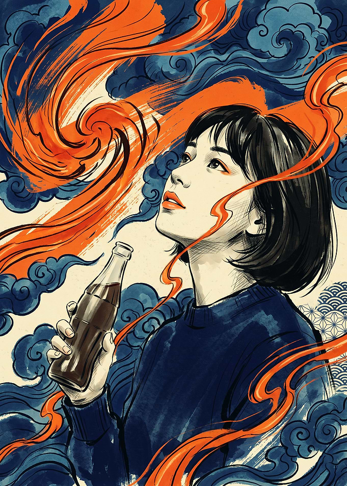Anime Girl Bottle Japanese Woodblock Ukiyo E Art Swirling Clouds Vintage Aesthetic Poster
