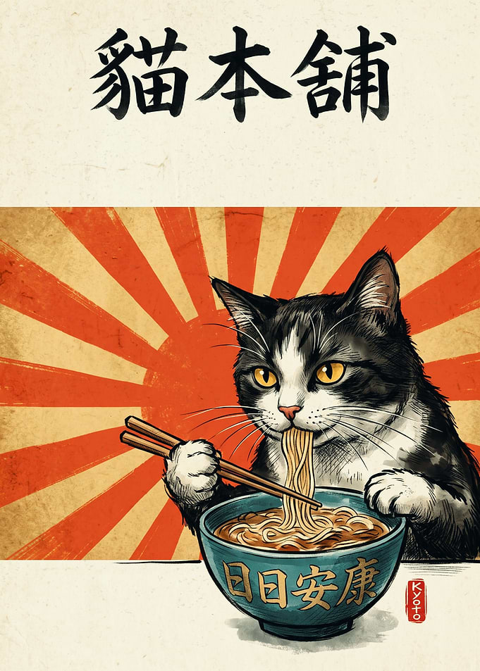 Cat Eating Ramen Vintage Japanese Art Rising Sun Kyoto Poster Print Wall Decor