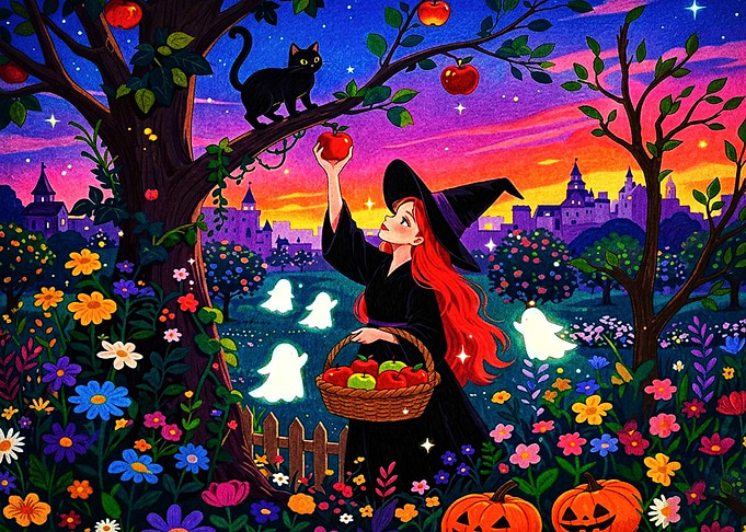 Witch Picking Apples in Magical Garden