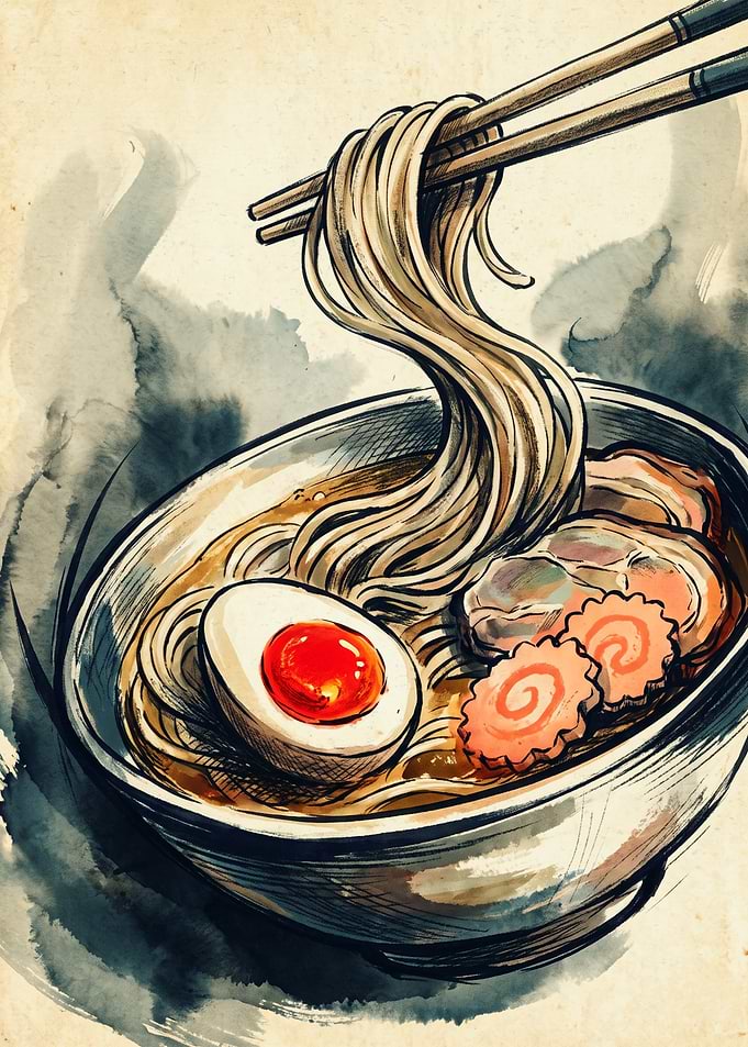 Ramen Noodle Japanese Watercolor Art Chashu Pork Egg Chopsticks Aesthetic Food Poster