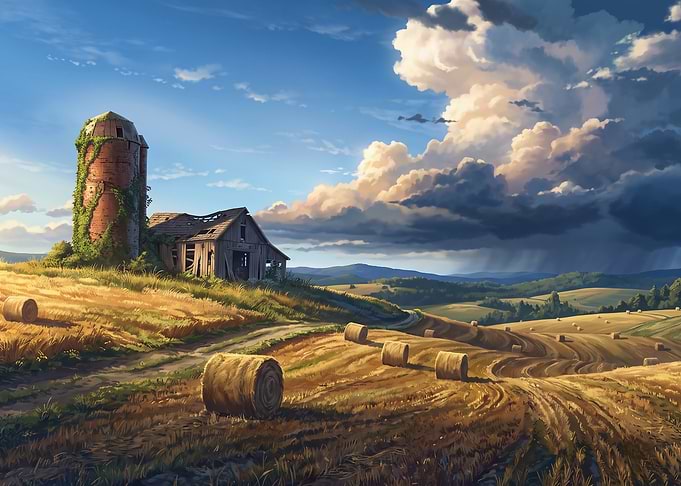 Abandoned Farmhouse in Golden Wheat Field