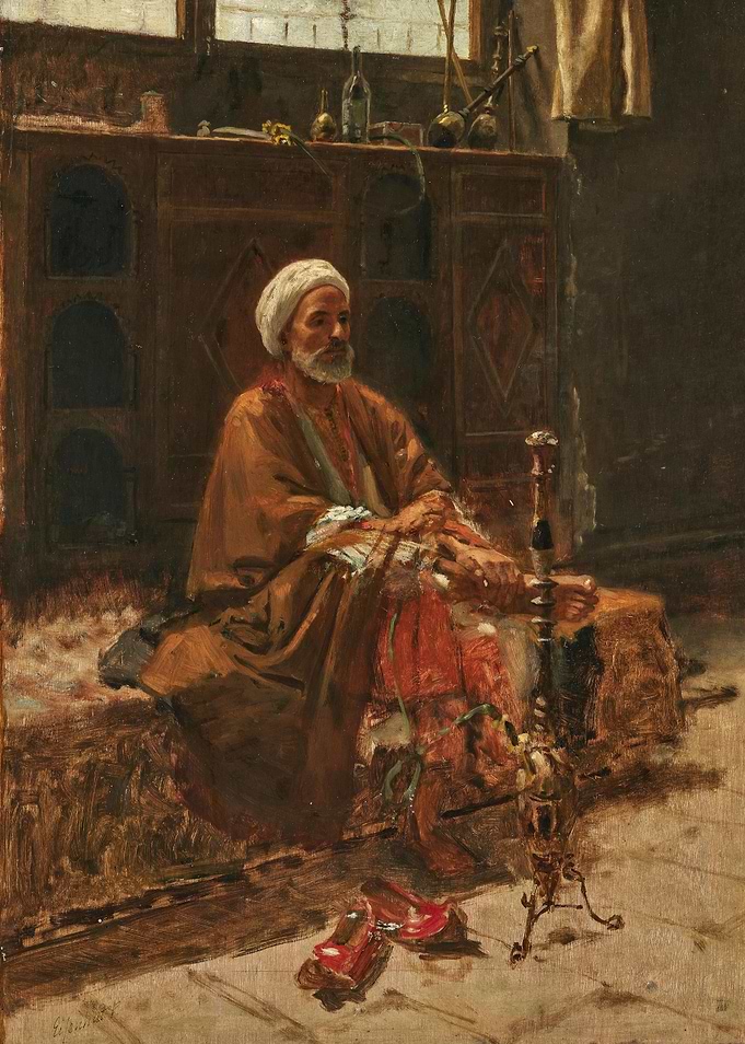Orientalist Painting of Man Smoking Hookah