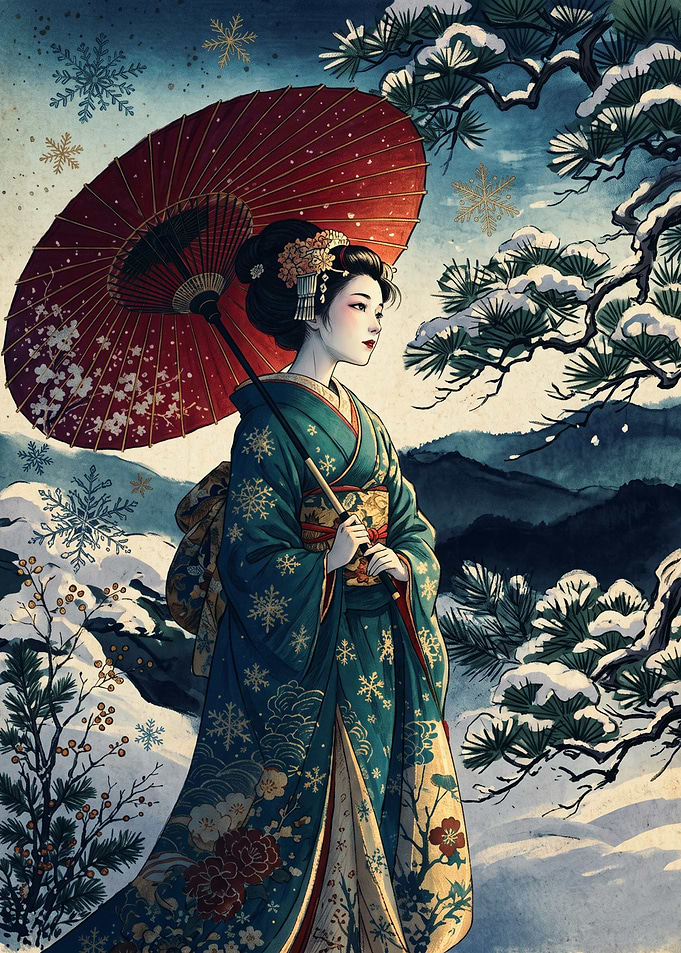 Geisha Kimono Japanese Ukiyo E Art Winter Snow Pine Red Umbrella Aesthetic Print Poster