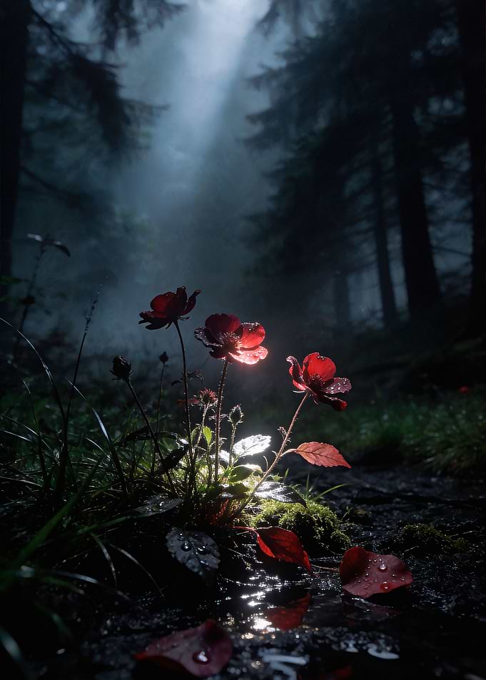 Glowing Red Flowers in Dark Forest