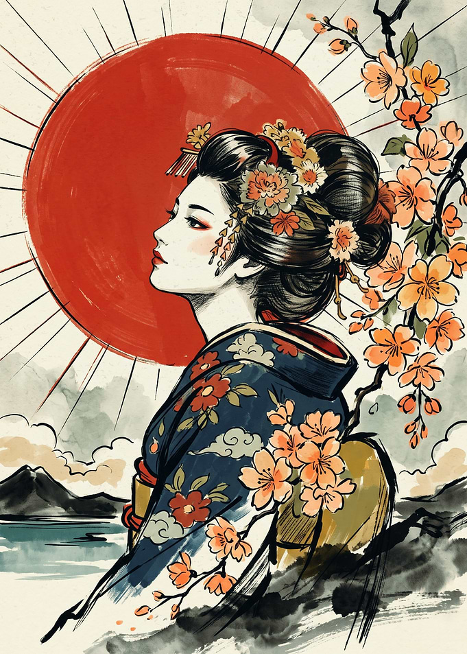Geisha Kimono Japanese Ukiyo E Art Red Sun Cherry Blossom Floral Aesthetic Poster