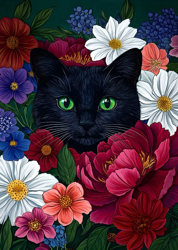 Black Cat Surrounded by Vibrant Flowers