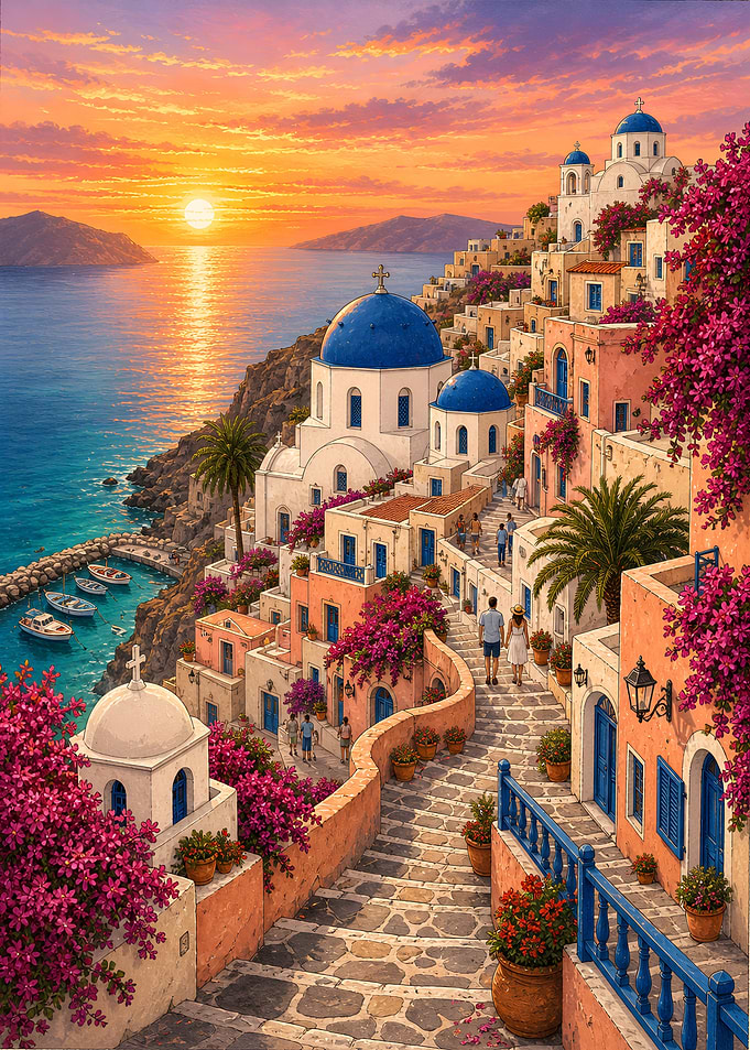 Santorini Sunset Coastal Village Greece
