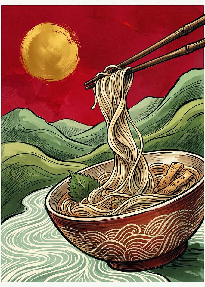 Ramen Noodle Japanese Art Print Ukiyo E Style Golden Sun Green Mountain Landscape Poster
