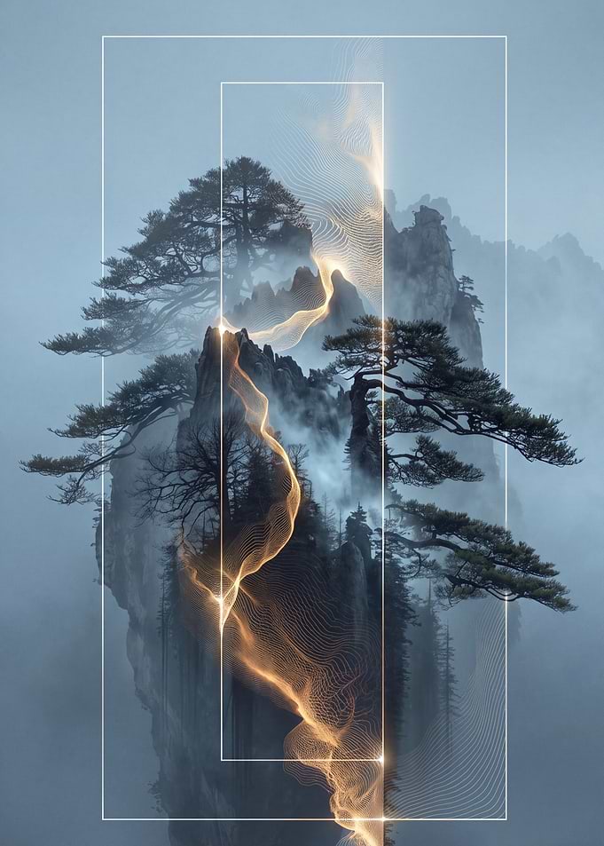 Ethereal Mountain Peak with Golden Energy