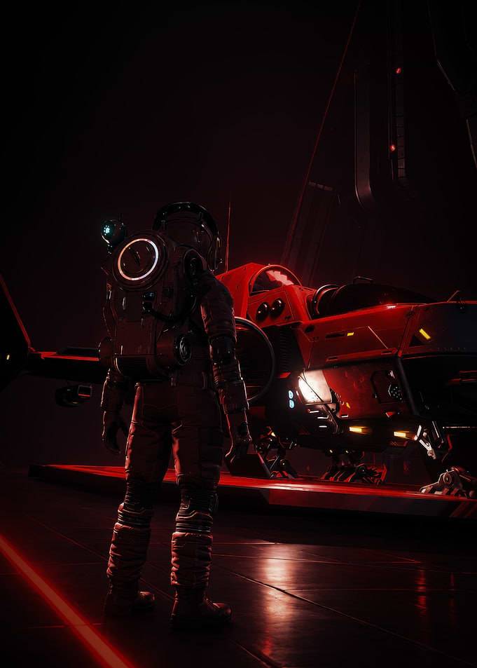 Astronaut Standing Before Red Spaceship