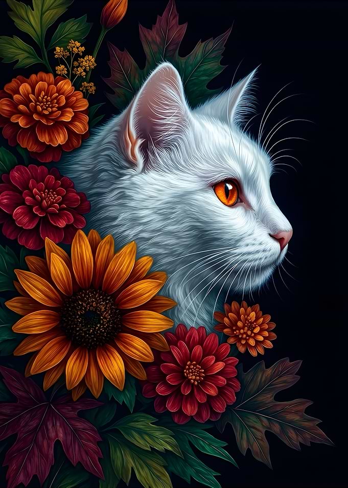 White Cat Among Autumn Flowers