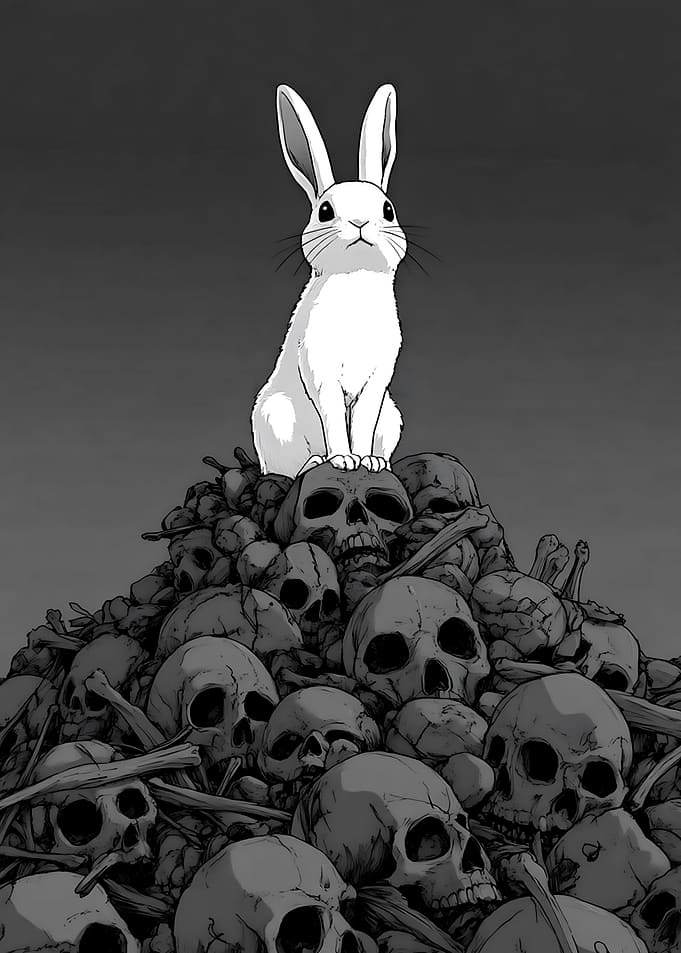 White Rabbit Sitting on Skulls