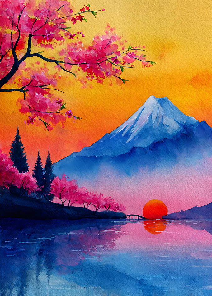 Mount Fuji Sunset Watercolor Landscape