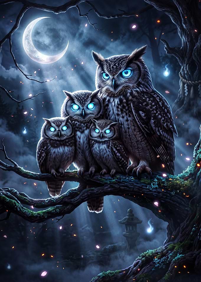 Mystical Owl Family Under Moonlight