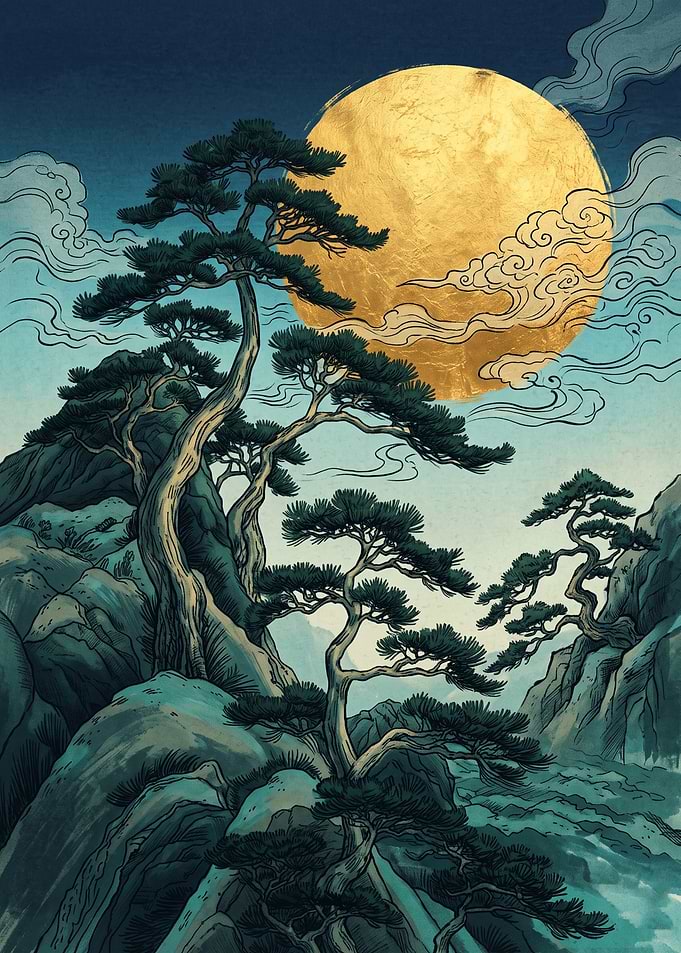 Japanese Pine Tree Ukiyo E Art Golden Moon Mountain Landscape Vintage Aesthetic Poster