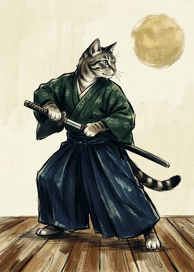Samurai Cat Kimono Ink Painting Japanese Ukiyo E Art Golden Moon Warrior Poster