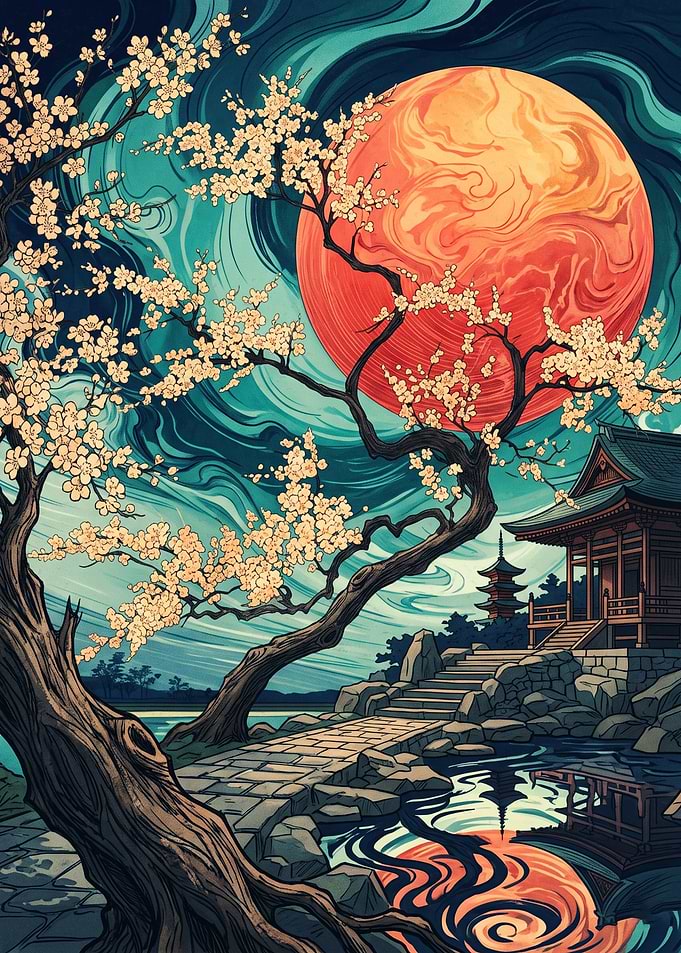 Japanese Temple Ukiyo E Art Cherry Blossom Red Moon Night Sky Landscape Wall Poster