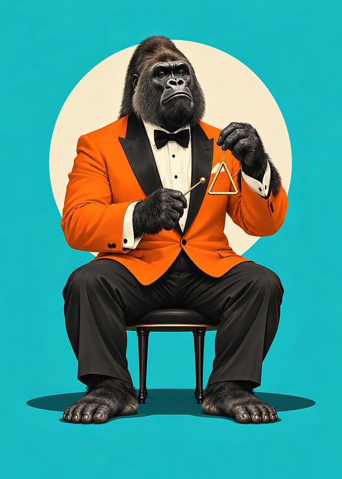 Gorilla in Tuxedo Playing Triangle Surrealism