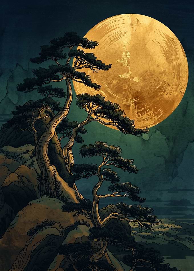 Pine Tree Landscape Japanese Art Print Golden Full Moon Ukiyo E Nature Wall Decor