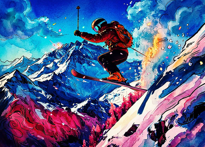 Vibrant Watercolor Skier Jumping Mountains