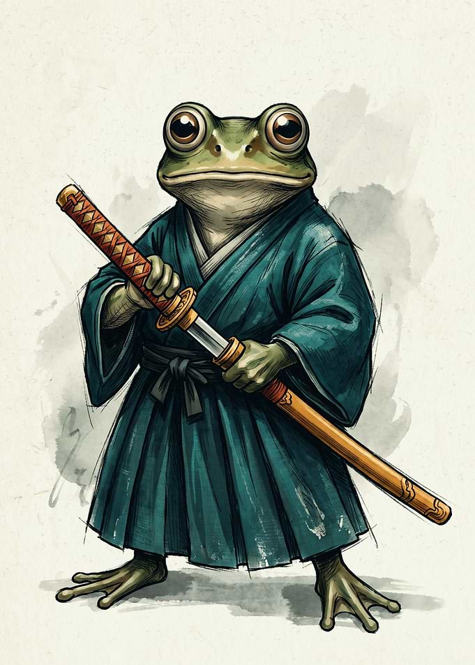 Samurai Frog Kimono Japanese Watercolor Art Warrior Animal Print Poster
