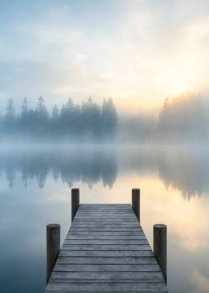 Misty Lake Pier at Sunrise