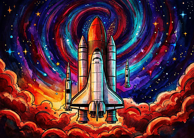 Vibrant Watercolor Space Shuttle Launch