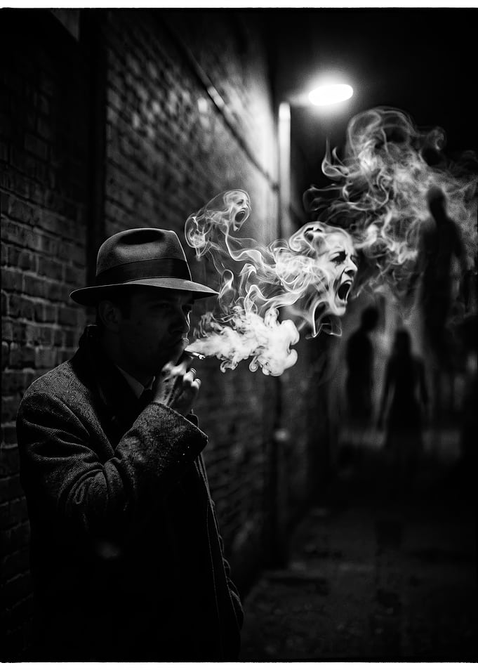 Noir Detective Smoking with Ghostly Visions