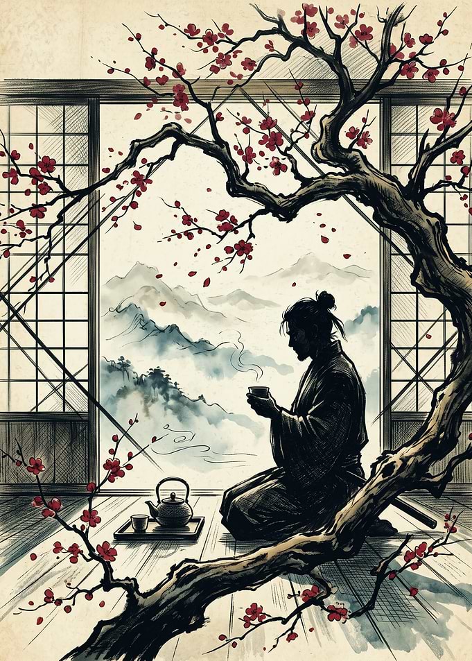 Samurai Tea Japanese Ink Art Cherry Blossom Mountain View Zen Room Wall Decor Poster