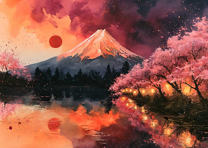 Mount Fuji at Sunset with Cherry Blossoms