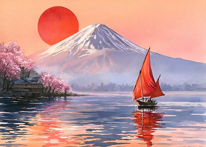 Mount Fuji and Sailboat at Sunset