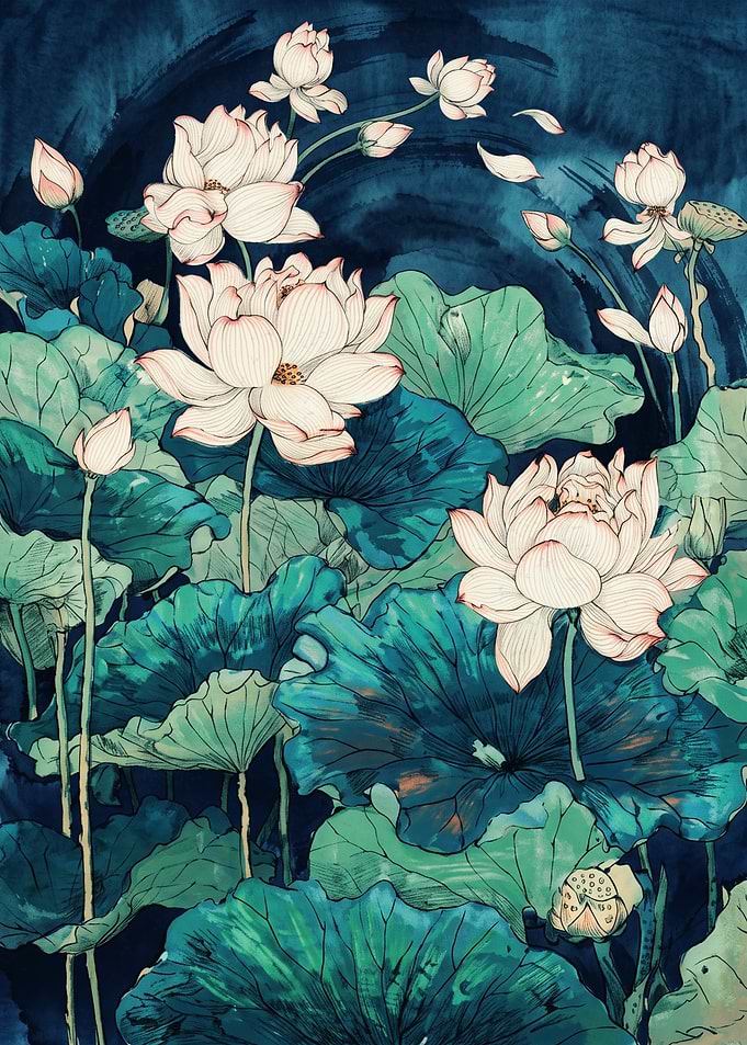 Lotus Flower Botanical Ukiyo E Art Print Japanese Water Lily Pond Wall Decor Poster