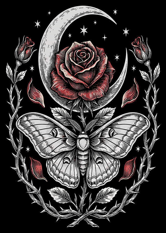 Gothic Moth and Rose Moon Illustration