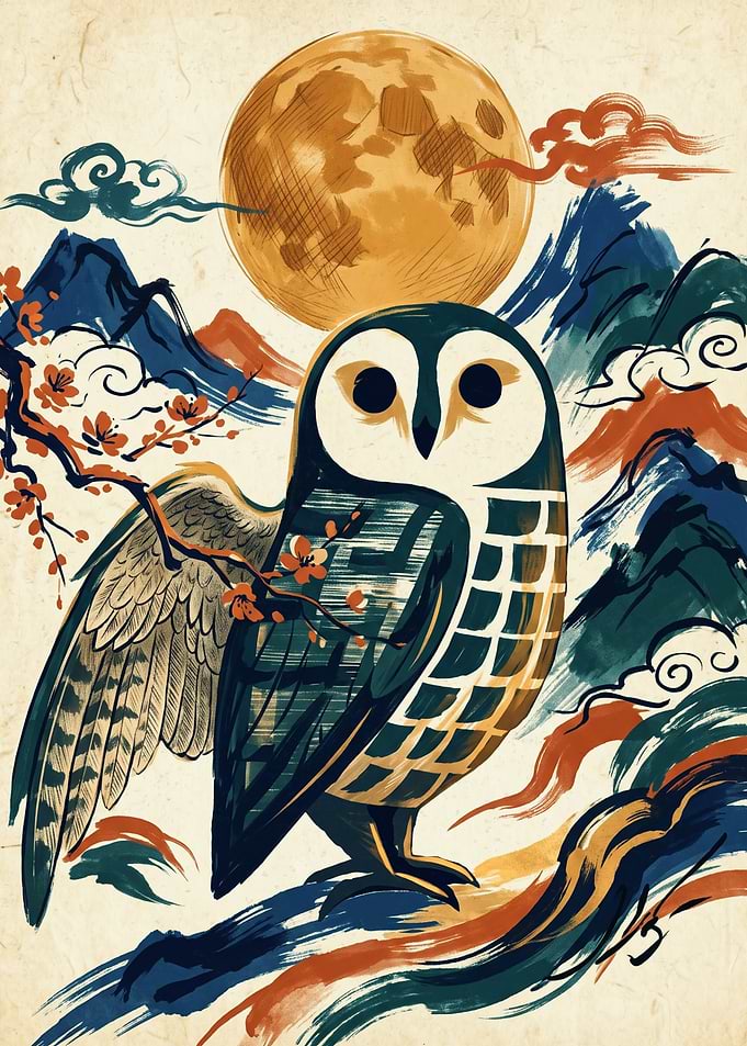 Owl Moon Japanese Ukiyo E Art Print Vintage Blossom Mountain Asian Night Landscape Poster