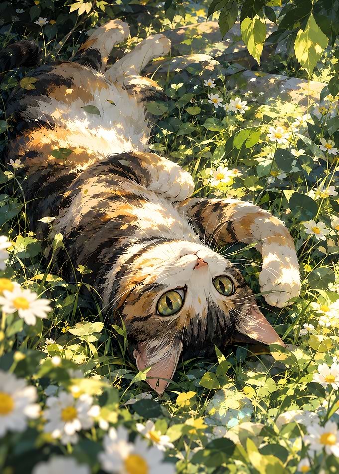 Calico Cat Resting in Daisy Field