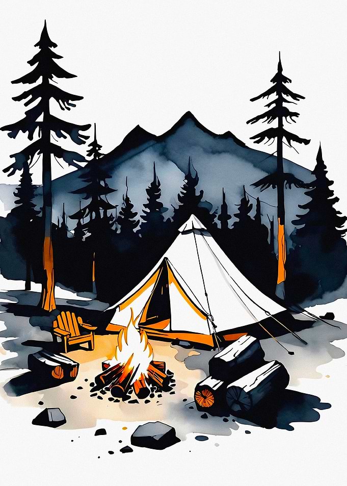 Camping Scene with Tent and Fire