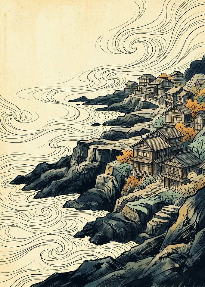 Coastal Village Japanese Ukiyo E Art Print Sea Waves Cliff Architecture Poster