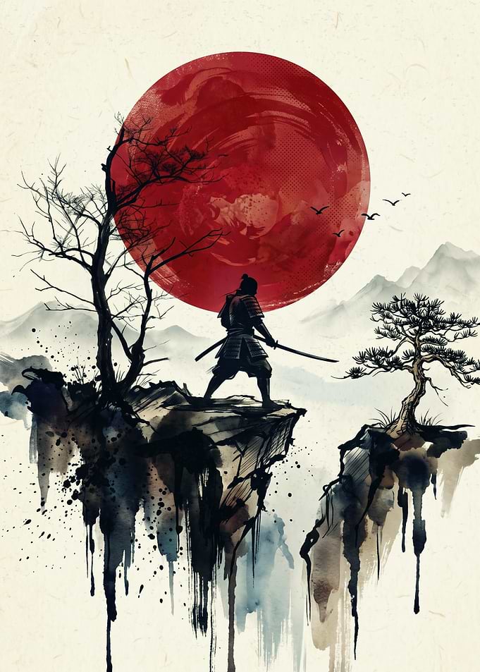 Samurai Warrior Red Sun Japanese Ink Wash Art Bonsai Tree Mountain Landscape Poster