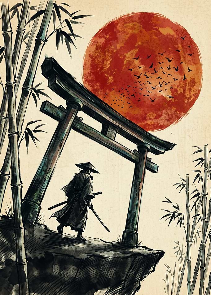 Samurai Torii Gate Ink Wash Art Red Sun Bamboo Forest Japanese Aesthetic Poster Print