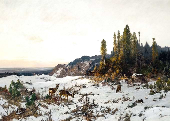 Deer in the Snowy Alpine Foothills Painting by August Fink