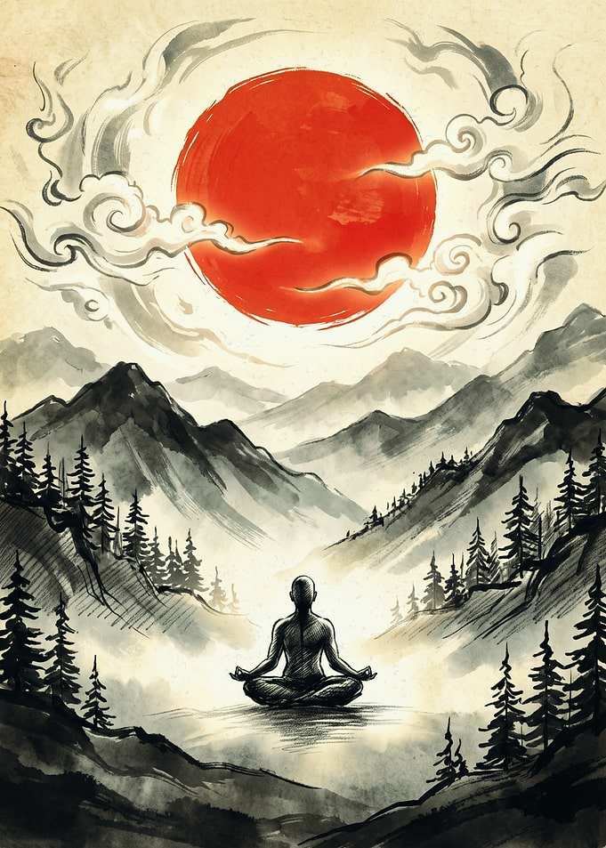 Meditation Yogi Japanese Ink Wash Painting Red Sun Mountain Pine Forest Wall Art Poster