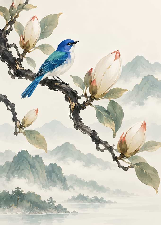 Blue Bird on Magnolia Branch