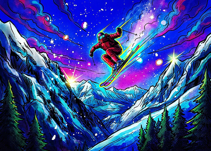 Vibrant Cosmic Skier Jumping Mountains