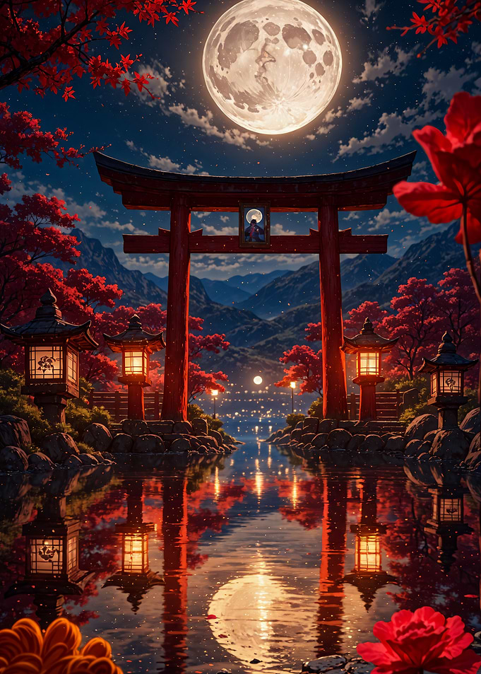 Torii Gate Under Full Moon Japanese Landscape