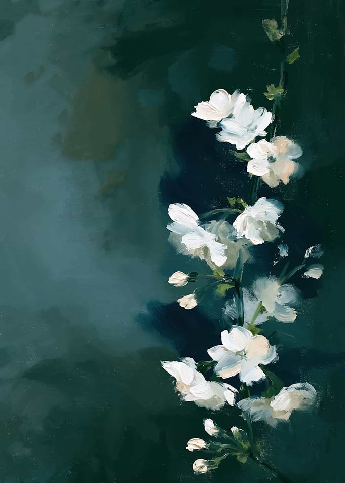 White Floral Branch on Dark Background