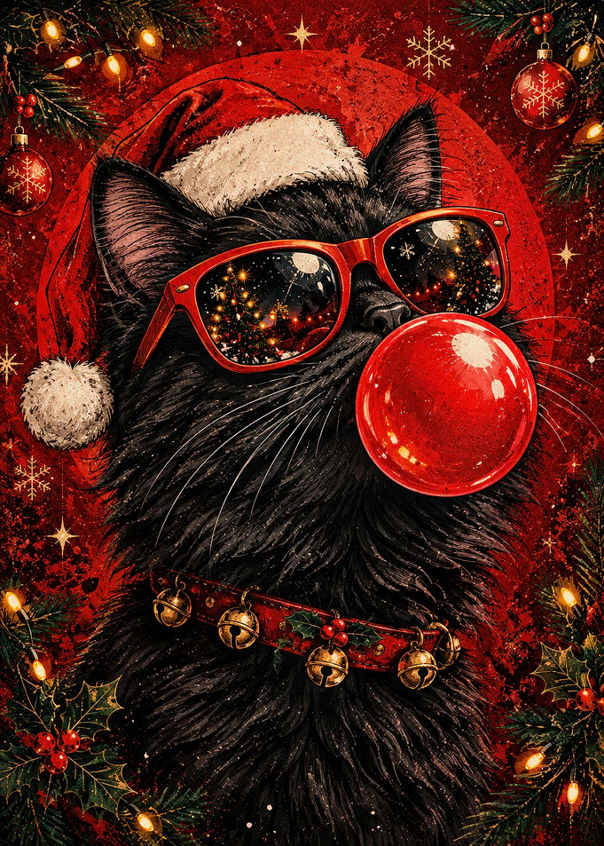 Cool Black Cat Christmas Portrait