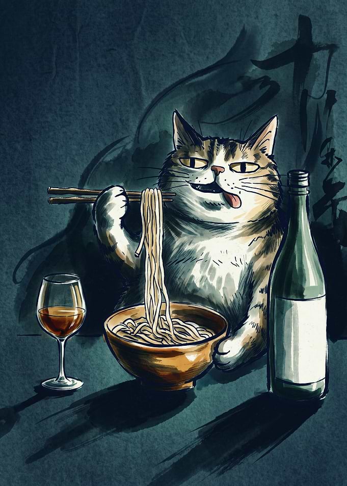 Cat Eating Ramen Ink Painting Style Cute Japanese Noodle Soup Cat Lover Wall Art Print