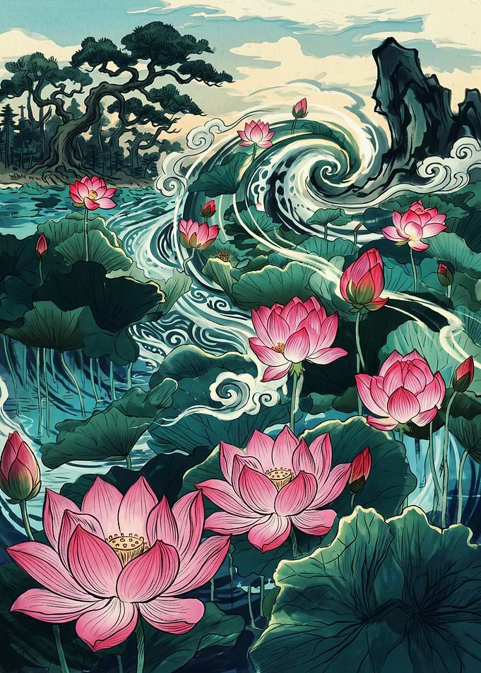 Lotus Pond Ukiyo E Art Print Japanese Water Lily River Landscape Vintage Poster