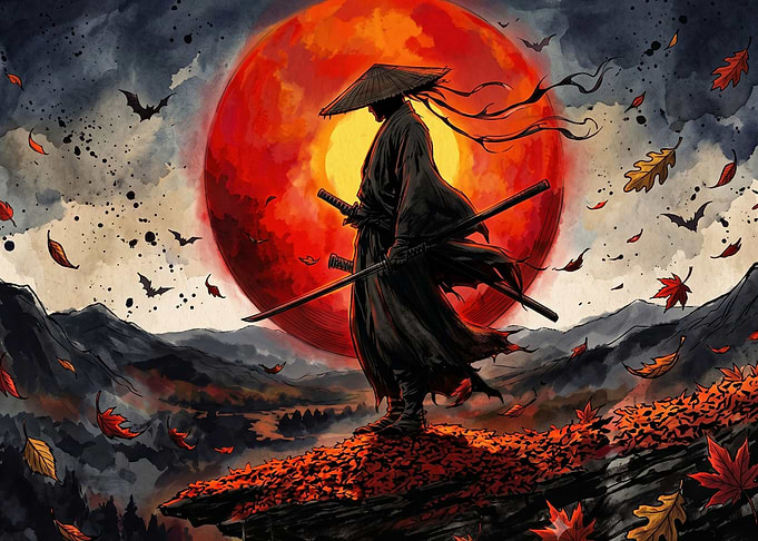 Samurai Standing Before Red Moon